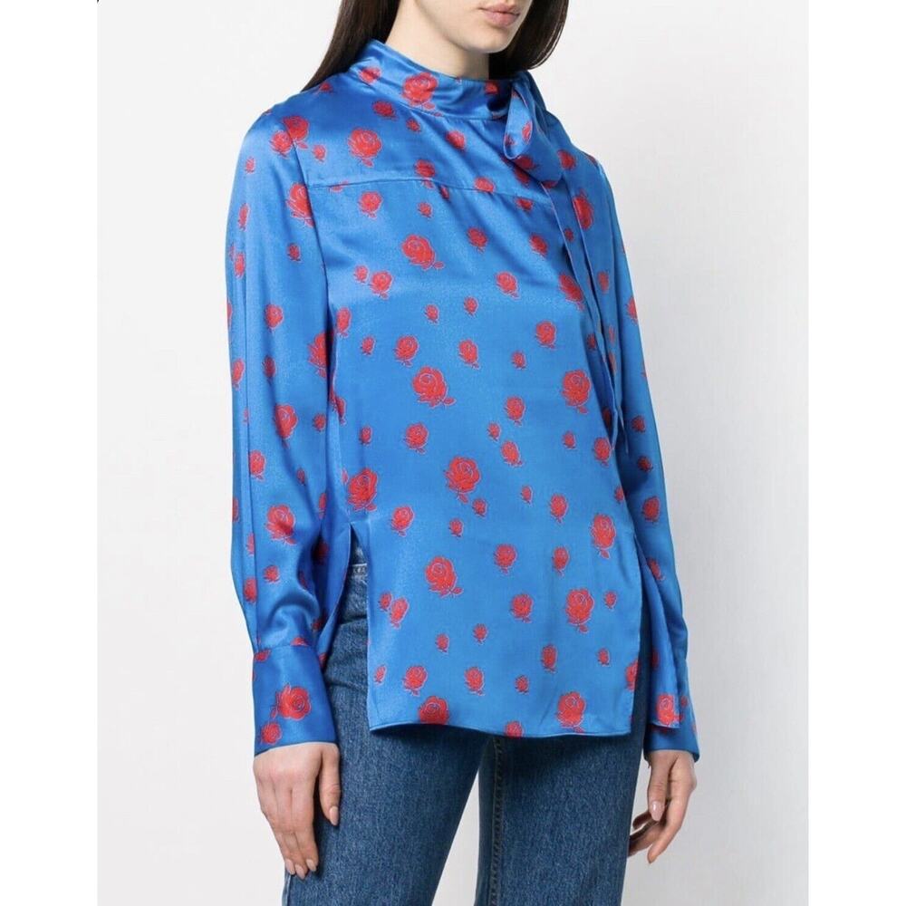 Kenzo Paris Shoulder Button Rose‎ collar Tie Shirt Blue With Red Roses Sz 34/XS